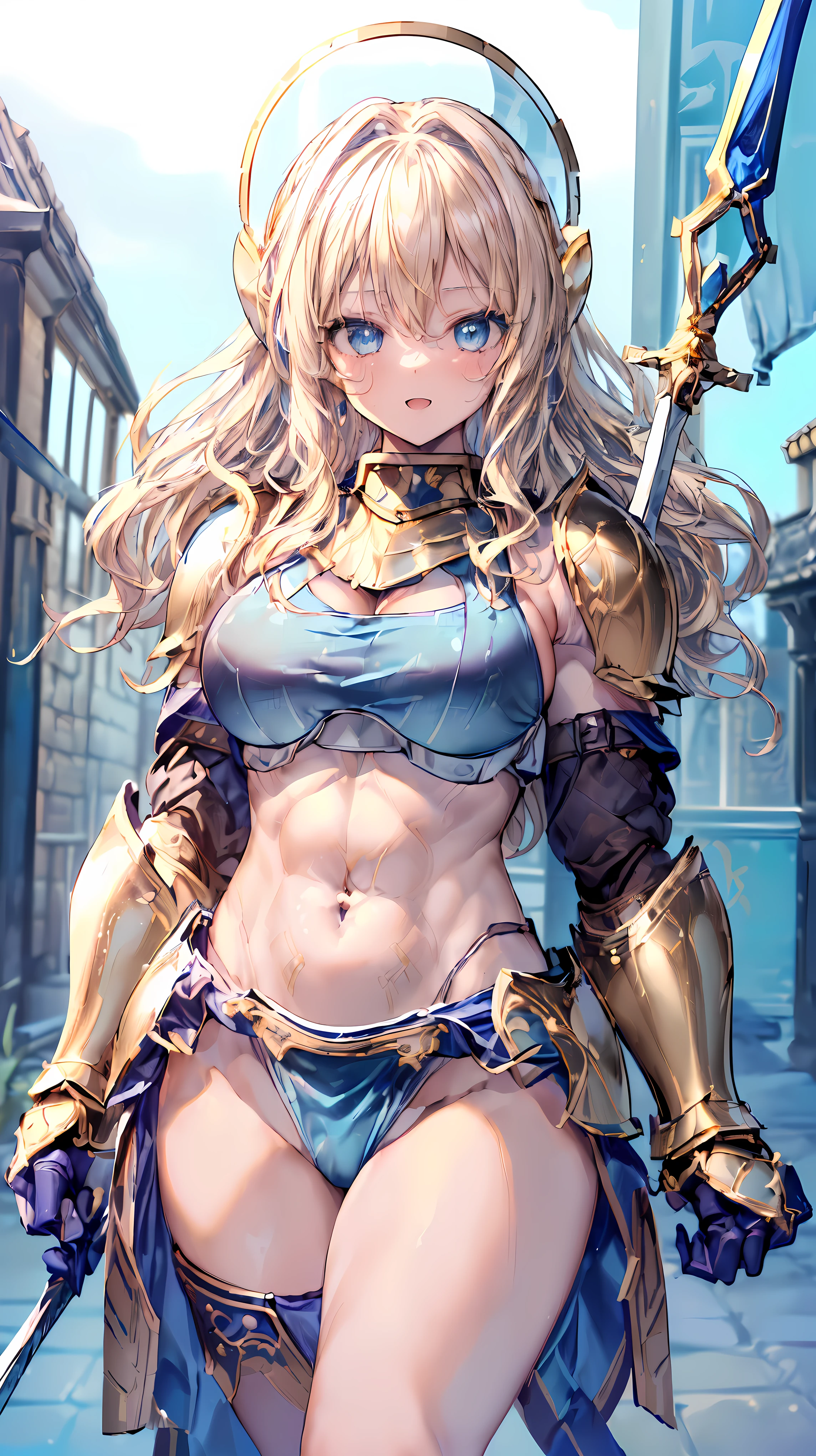Very detailed、highest quality、(Best image quality:1.5)、(masterpiece:1.5)、8k、Anime Face、A kind smile、Open Mouth、(Beautiful bright blue eyes:1.5)、(Blonde wavy hair:1.5)、Muscles of the whole body、(Thigh belt:1.3)、(She is wearing bikini armor with gold armor and white fabric.:1.5)、(Cowboy Shot:1.6)、(Wearing a helmet:1.5)、(Holding a spear:1.5)、Warm lighting