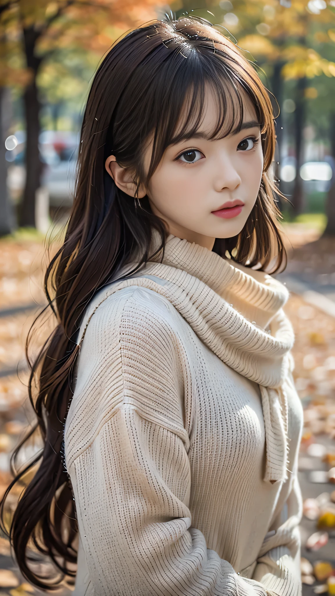 (masterpiece), highest quality, Very detailed, figure, Warm lighting, Soft lighting, Bright colors, 1 girl, alone,( beautiful girl, Long Hair, blue eyes, ribbon, Brown Hair, Hair between the eyes, hair ribbon, Side Lock, very Long Hair, Messy Hair,) , autumn, Lots of maple trees, maple leaf, Golden Leaf, autumn leaves, Dry leaves, river,  Fresh air,  peace, Cool breeze , Sweater Weather,( Wear a white or brown sweater, Red scarf, Melancholy autumn, Lost in Thought, melancholy, sad ,Worried, longing,)