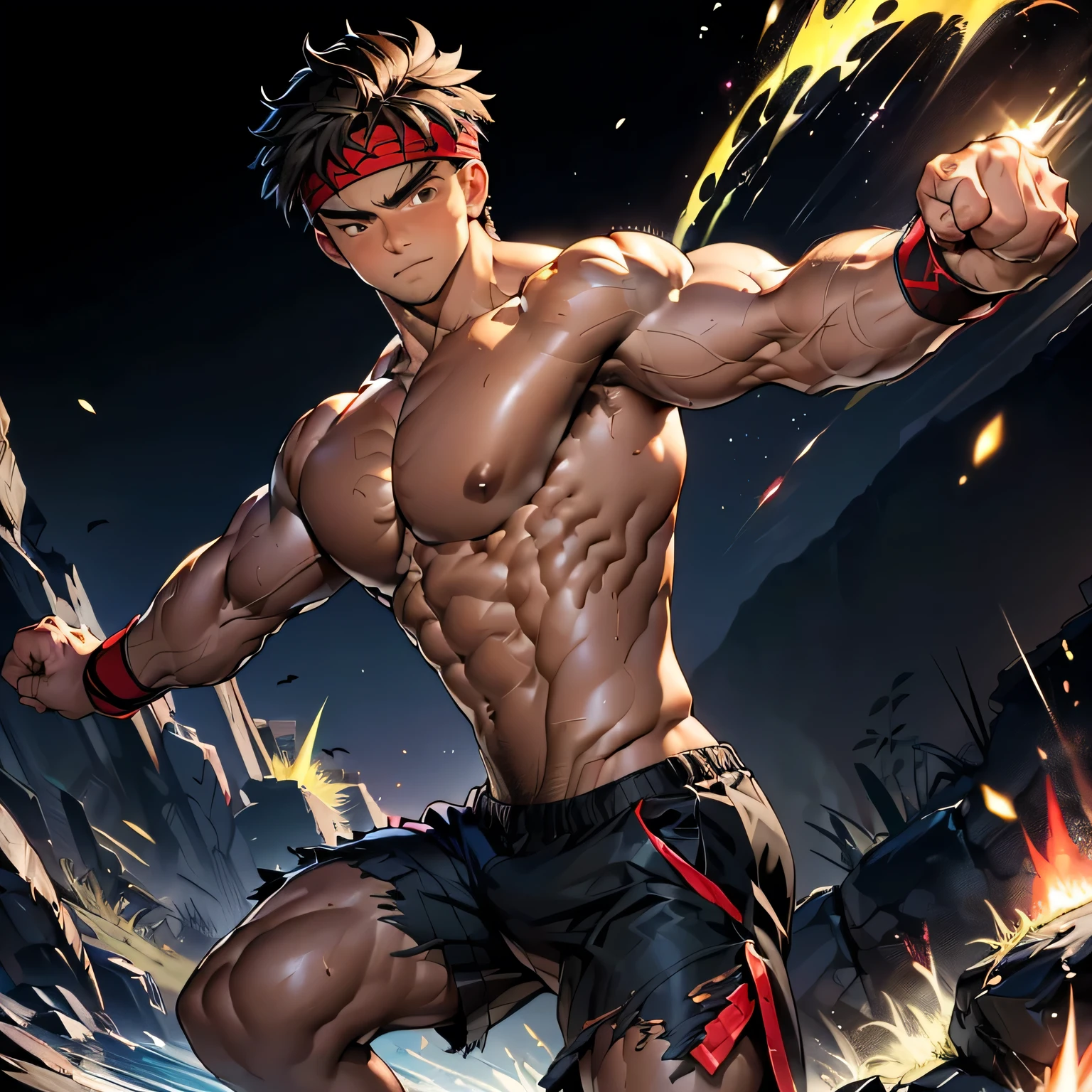 (Masterpiece, Best quality 19 year old boy, black background, bust shot, shoot from side, looking away), solo, Young, boy, muscler, Shirtless, topless, (Dark Short straight hair, under cut, brown eyes), (torn clothes, red headband, ((black wristband))), Vivid colors, (hot Abs:1.2, abs!, big abs, big breast:1.2, chest!, muscler upper arms), (topless male), muscler!, muscler, muscler body, (aura power:1.4), detailed face, detailed muscle, (((A magical mystical aura, rippling muscles, fighting pose, running pose)))