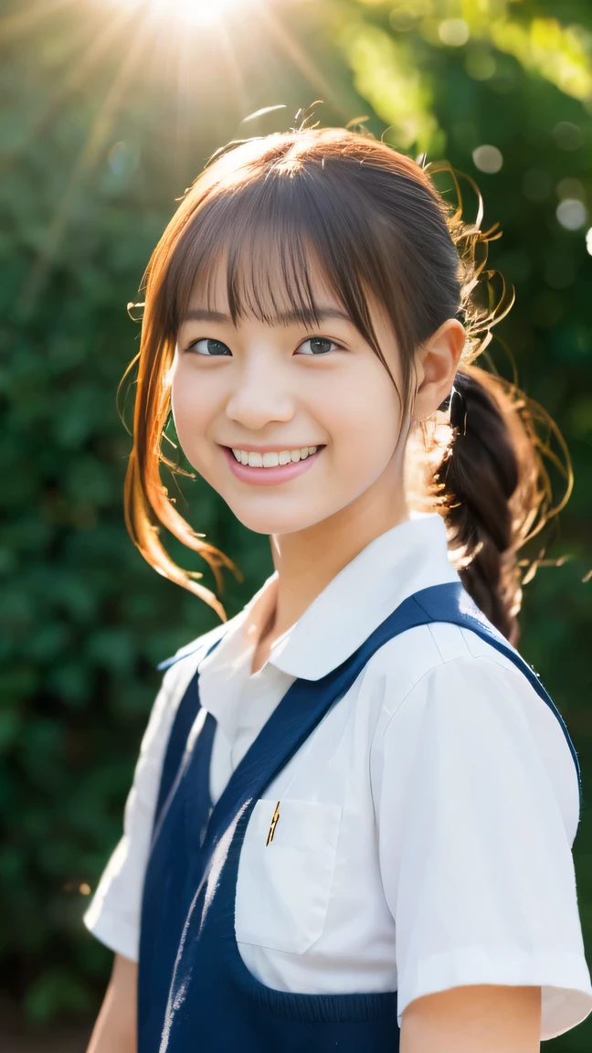 Lens 135mm f1.8, (highest quality),(RAW photo), , (Beautiful 15 year old Japanese girl), cute face, (deeply carved face:0.7), (freckles:0.6), dappled sunlight, dramatic lighting, (japanese school uniform), (inside the school), shy, twintails, (cowboy shots of:1.2), (embarrassed smile),, (sparkling eyes)、(sunlight), (Arms at sides),