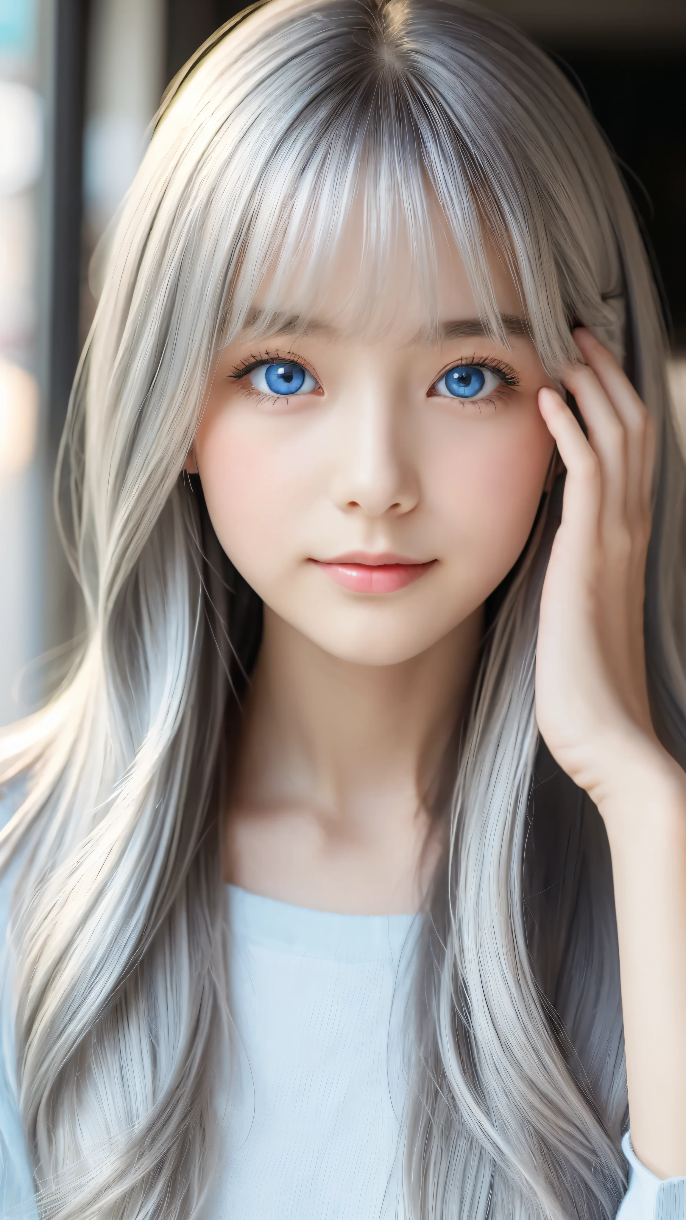 Shining, clear, white skin、Her windblown silver hair hides her beautiful face.、huge、28 years old cute sexy little beautiful face、Beautiful straight hair that stands out、growing up, Sparkling light blue eyes、long silky bangs that cover cute eyes, Sexy and cute young woman with super long hair hiding her sexy face、Shining silver hair