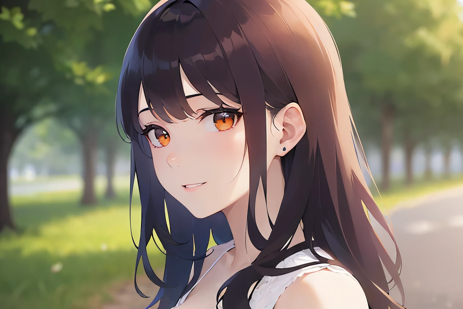 Upper Body, Realistic, real person, (pale skin: 1.2), RAW photo, photorealistic, portrait photography, shiny skin, shiny hair、(A 25-year-old woman with medium-length hair and bangs) and (wavy hair) and (brown hair) and (orange eyes) ,White off-shoulder blouse、smile, The background is a park、Alone、Are standing