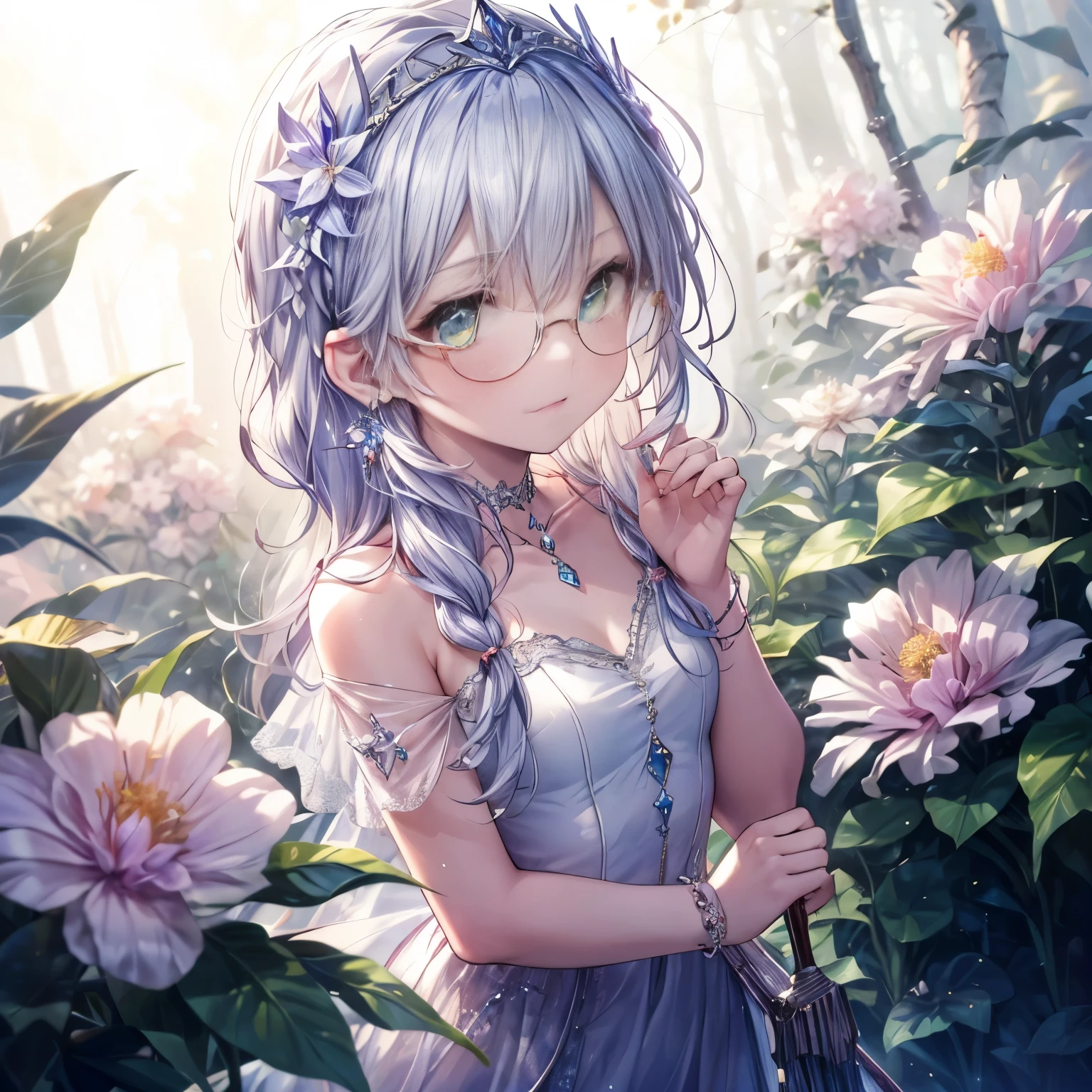 (highest quality, masterpiece, Very detailed, Very detailed, Exquisite, 16k,Full HD),Dramatic lighting, Warm lighting, Soft lighting, Ambient Lighting, ((alone:1.5)),From the side,White Background,From above,((head shot)),Wake up,Lots of flowers,The whole screen is surrounded by flowers.,in the forest,(Crystal Forest),(Fairy Princess, Green Eyes, Long eyelashes,White skin,slim,Pale pink lips,Pale pink cheeks, Light purple hair,thin and long,(thin and high nose,Small Nose),(腰の少しFrom above巨大な妖精の羽),Diamond Tiara,Diamond Earrings,Diamond Choker,White ball gown dress with diamonds, Lace and frills,(Laughter), (Fantasy, Romantic atmosphere), Magic Light,Glasses