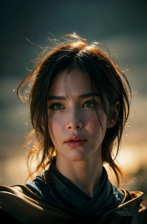 Beautiful girl with a scarf, bokeh, motion picture, close up portrait, Cinematic realistic visuals, brunette hair, Blue Eyes, Gothic Fantasy, captured on canon eos r 6, (Realistic face details), intricate detailed, Portrait of a beautiful girl, very high details, photo-hyper-realistic, 10, UHD, hyperdetailed, (Dynamic Poses:1.4),