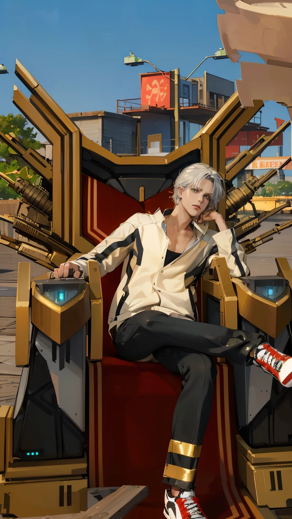 (best quality digital art digital illustration 4k high resolution beautiful image hyper-detailed image perfect lines soft lighting night environment smooth zoom perfect face) (1:1 photorealistic) (neutral colors hdr 1.4) (anime style) an adult 25 year old man (expressionless perfect detailed face) medium white hair modern clothes dystopia
