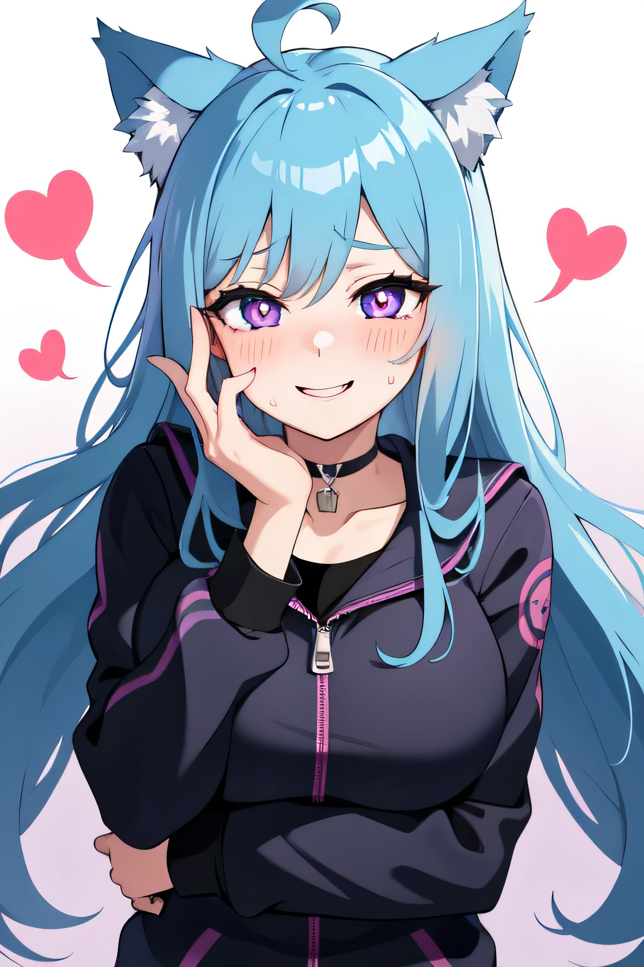 1girl, heart-shaped pupils, fingernails, hands on own face, light blue hair, purple eyes, blushing, choker, upper body, trembling, sweat, sweatdrop, heart, speed lines, large breasts, heavy breathing, love, heart, half-open jacket, happy, smiling,wolf ears,cat eyes, glowing eyes,no human ears