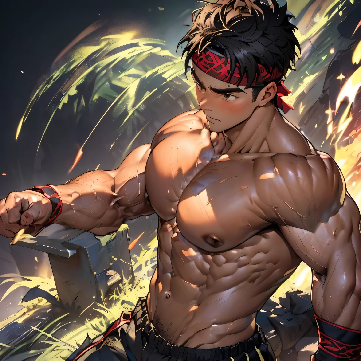 (Masterpiece, Best quality 19 year old boy, black background, bust shot, shoot from side, looking away), solo, Young, boy, muscler, Shirtless, topless, (Dark Short straight hair, under cut, brown eyes), (torn clothes, red headband, ((black wristband))), Vivid colors, (hot Abs:1.2, abs!, big abs, big breast:1.2, chest!, muscler upper arms), (topless male), muscler!, muscler, muscler body, (aura power:1.4), detailed face, detailed muscle, (((A magical mystical aura, rippling muscles, fighting pose, running)))