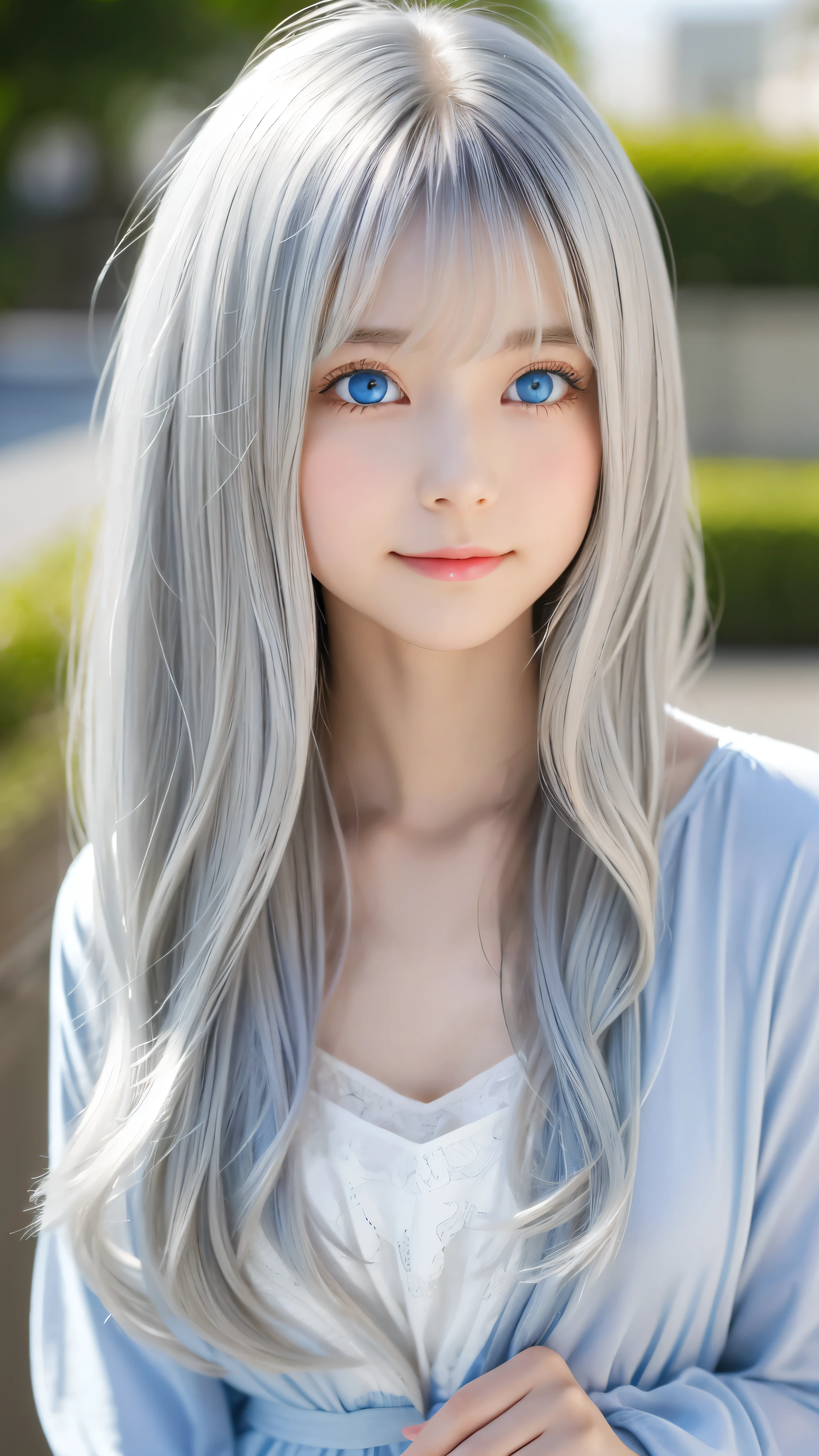 Shining, clear, white skin、Her windblown silver hair hides her beautiful face.、huge、28 years old cute sexy little beautiful face、Beautiful straight hair that stands out、growing up, Sparkling light blue eyes、long silky bangs that cover cute eyes, Sexy and cute young woman with super long hair hiding her sexy face、Shining silver hair
