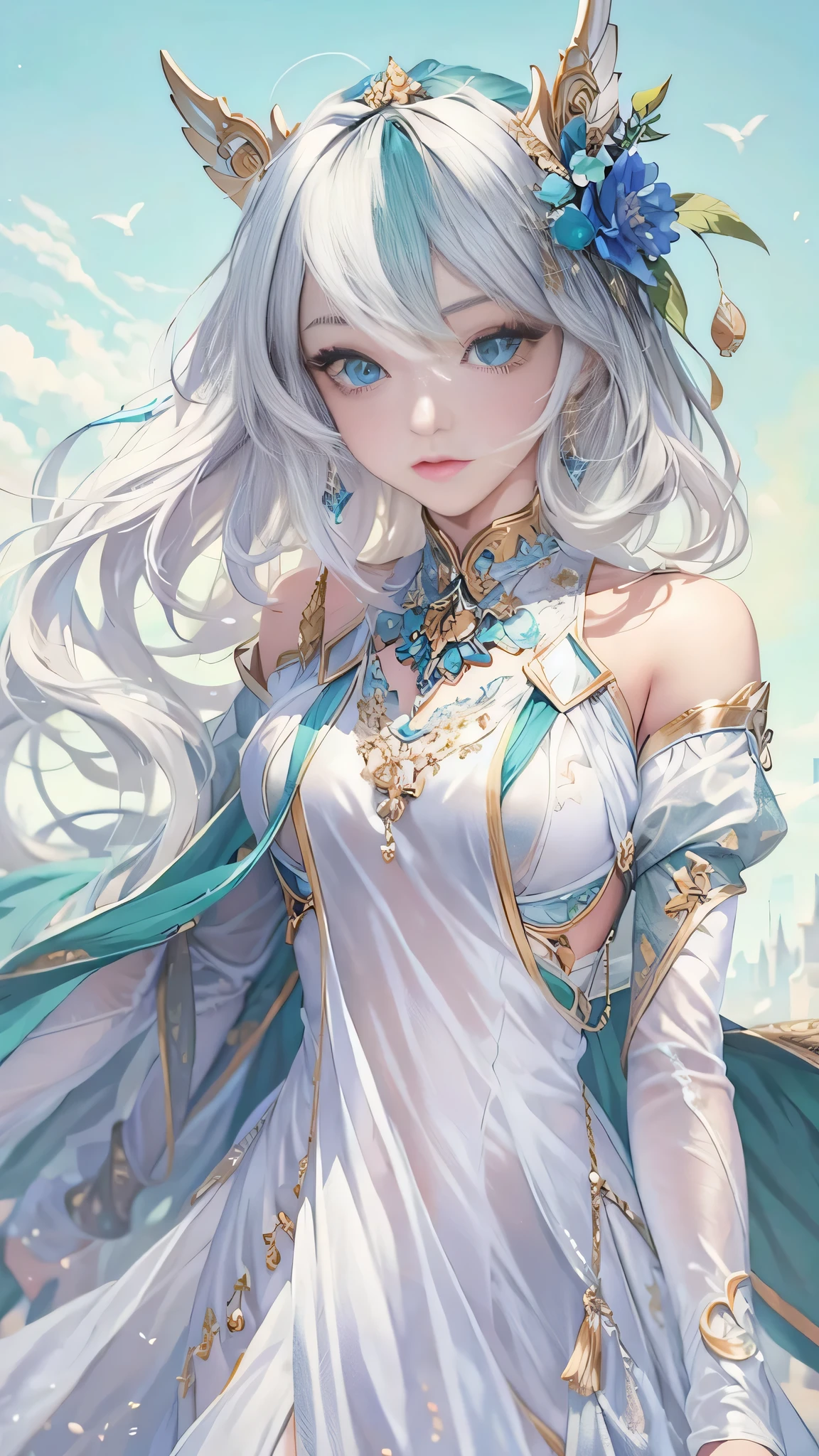 ((masterpiece, highest quality)),(figure),(detailedLight),((Very delicate and beautiful)),One girl,Godolphin Arabian,long hair,blue hair,Green Eyes,Horse's ears,Horse Girl,hair_ornament,White Dress, Exposing shoulders, ,No sleeve,Evening Dresses,Long dress,Outdoor, Light,blue sky, horizon, Pasture, wild