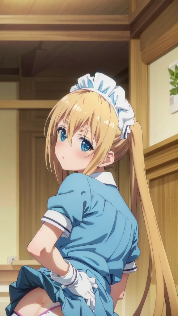 masterpiece, best quality, highres, kaho hinata, maid, maid headdress, waist apron, (blue shirt, blue skirt:1.2), short sleeves, white gloves, looking at viewer, crossed arms, pout, blush, cafe,(showing :1.3),(lean forward:1.3), (ass up)ndoors