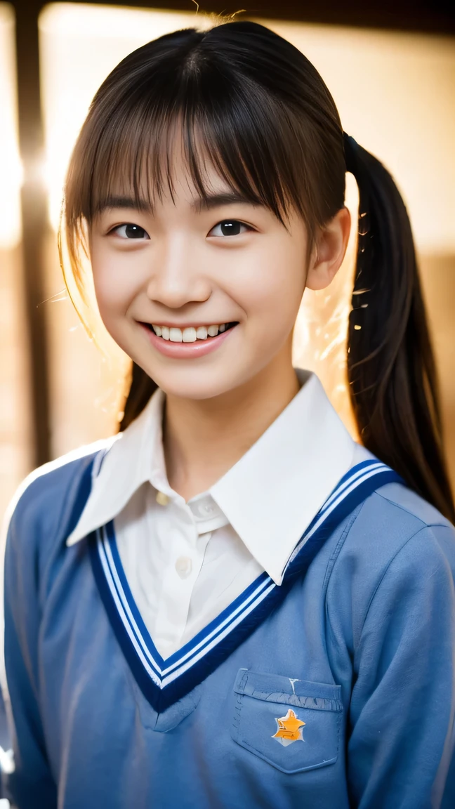 Lens 135mm f1.8, (highest quality),(RAW photo), , (Beautiful 15 year old Japanese girl), cute face, (deeply carved face:0.7), (freckles:0.6), dappled sunlight, dramatic lighting, (japanese school uniform), (inside the school), shy, twintails, (cowboy shots of:1.2), (embarrassed smile),, (sparkling eyes)、(sunlight), (Arms at sides),