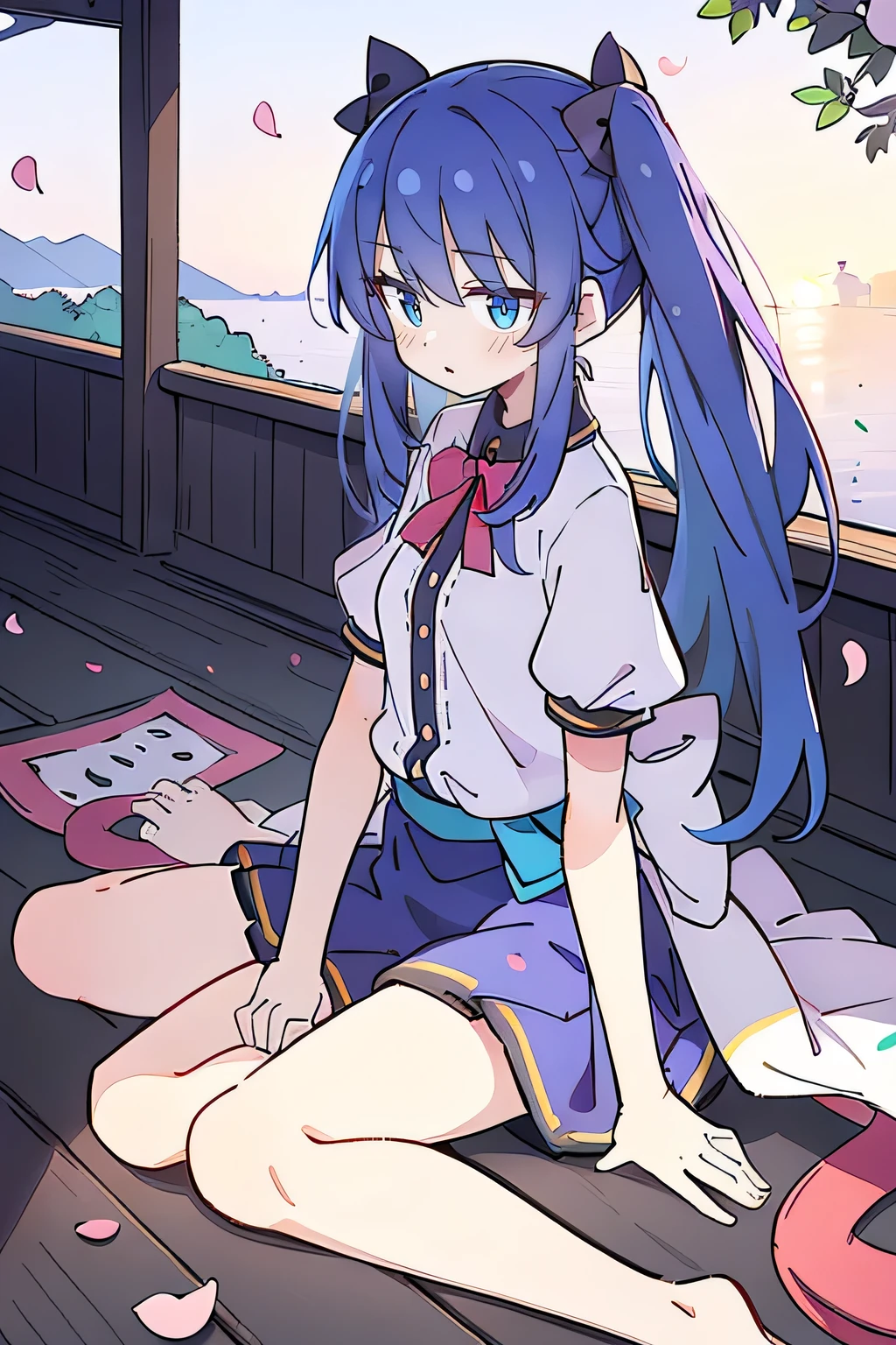 (best quality, masterpiece:1.2), expressive eyes, perfect face, 1 girl, hands on waist, beautiful, gorgeous, Japanese animation, Lola, Hinamori Angel, blue hair, floating clothes, waist grab, waist grab, hands on hips, sitting, sitting on the ground, legs on the ground, flat-chested, falling petals, sitting in a pavilion, pavilion,sunrise,Petals fall,