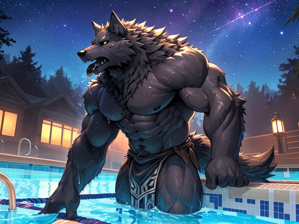 masterpiece,high quality,anime, ultra detailed, camera angle from bottom
, Tearing one&#39;s clothes with one&#39;s hands
, 毛むくじゃらの雄の黒Wolf, Wolf, great physique,Strong arms, manly
, Completely naked, Soaking wet clothes, (A torn dark gray tank top:1.5), Black denim
, (Excessive sweating:1.5)
, Fine grain, (ultra detailed eyes:1.4), black sclera, purple pupil

, black tongue, A large amount of saliva, Abundant tears from the mouth, Excessive steam from the mouth, White breath coming out of the mouth, Grit your teeth
, (Dark penis:1.5), A lot of semen, Big cock, erection, Upward curved penis, Very long penis

, Poolside, Night Sky, Joyful, From null-ghost,Pino Daeni