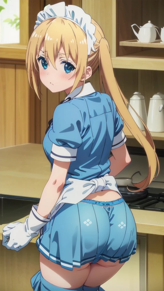 masterpiece, best quality, highres, kaho hinata, maid, maid headdress, waist apron, (blue shirt, blue skirt:1.2), short sleeves, white gloves, looking at viewer, crossed arms, pout, blush, cafe,(showing panties:1.3),(lean forward:1.3), (ass up), indoors