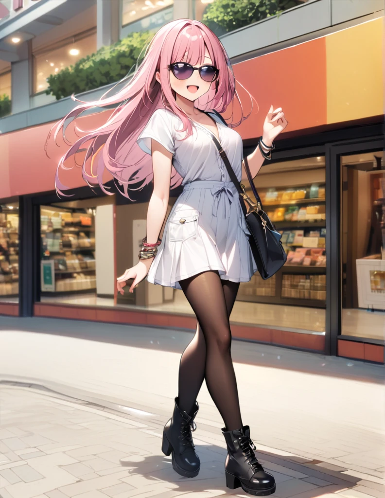 1 girl, open mouth, smile, pink hair, long hair, bangs, blush, sexy, medium breasts, white skirt, black pantyhose, full body, white open shirt, bracelets, high boots, pocket bag, sunglasses, shopping center background