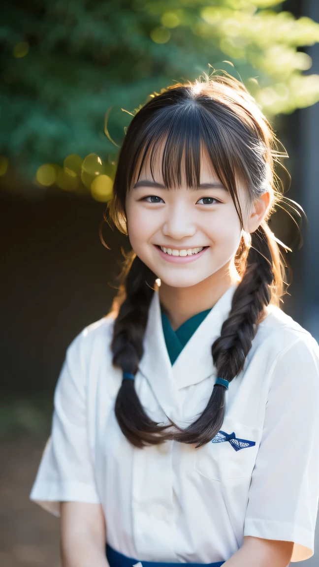 Lens 135mm f1.8, (highest quality),(RAW photo), , (Beautiful 15 year old Japanese girl), cute face, (deeply carved face:0.7), (freckles:0.6), dappled sunlight, dramatic lighting, (japanese school uniform), (inside the school), shy, twintails, (cowboy shots of:1.2), (embarrassed smile),, (sparkling eyes)、, (Arms at sides),