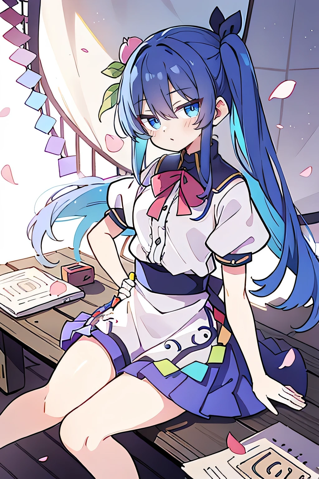 (best quality, masterpiece:1.2), expressive eyes, perfect face, 1 girl, hands on waist, beautiful, gorgeous, Japanese animation, Lola, Hinamori Angel, blue hair, floating clothes, waist grab, waist grab, hands on hips, sitting, sitting on the ground, legs on the ground, flat-chested, falling petals, sitting in a pavilion, pavilion,sunrise,Petals fall,