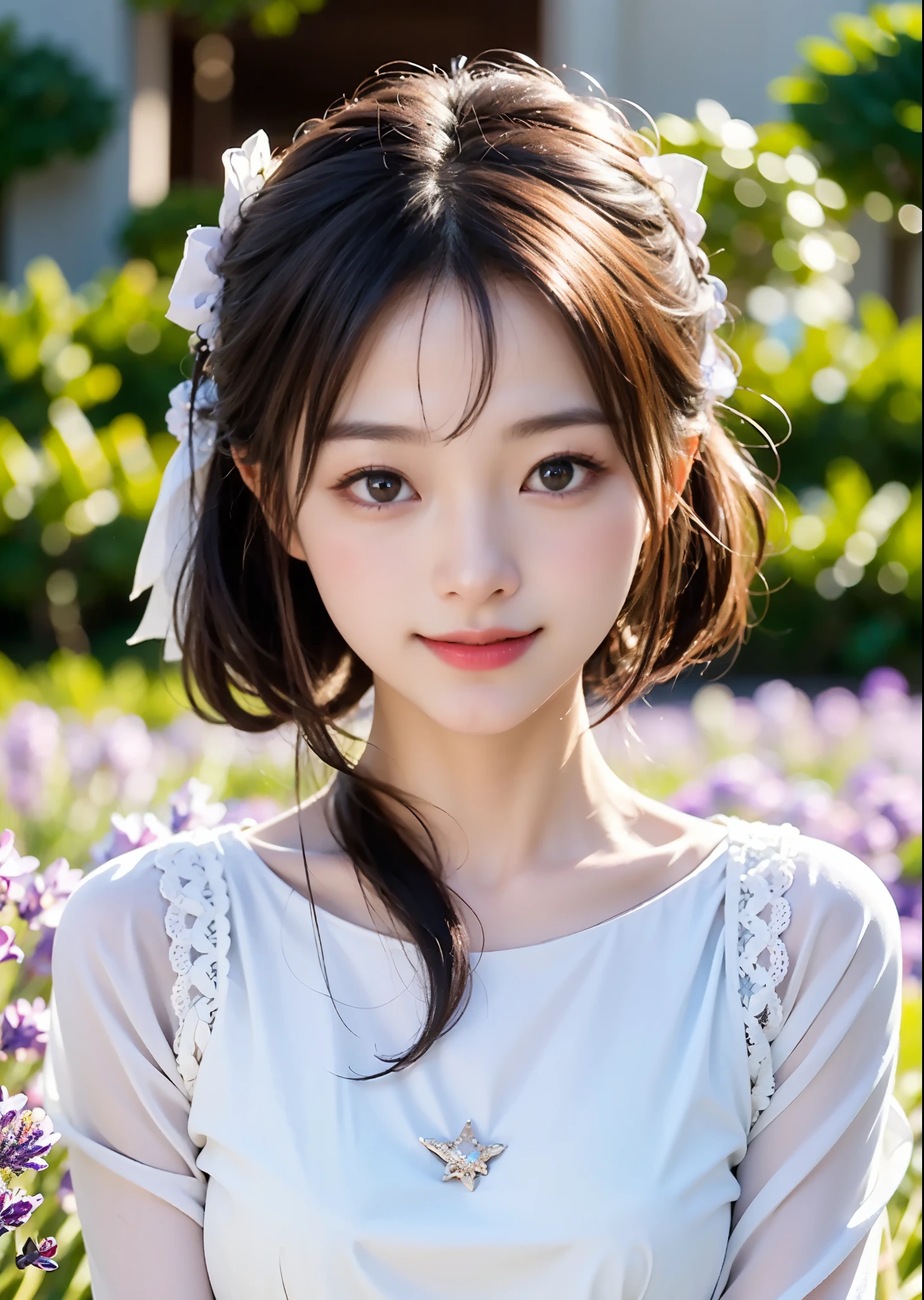 Cute 1 Girl、A girl is standing in a lavender field on a small hill, Big Eyes、smile、Hime cut hair、 She is wearing a white dress with a small bust、The blouse is light blue、She is wearing a hair accessory made from lavender、I can see light from a farmhouse window in the distance、The star Orion shines in the night sky、Perfect lighting、Sharp focus、High definition、high resolution、High color reproducibility、High resolution、Surreal、Like the picture