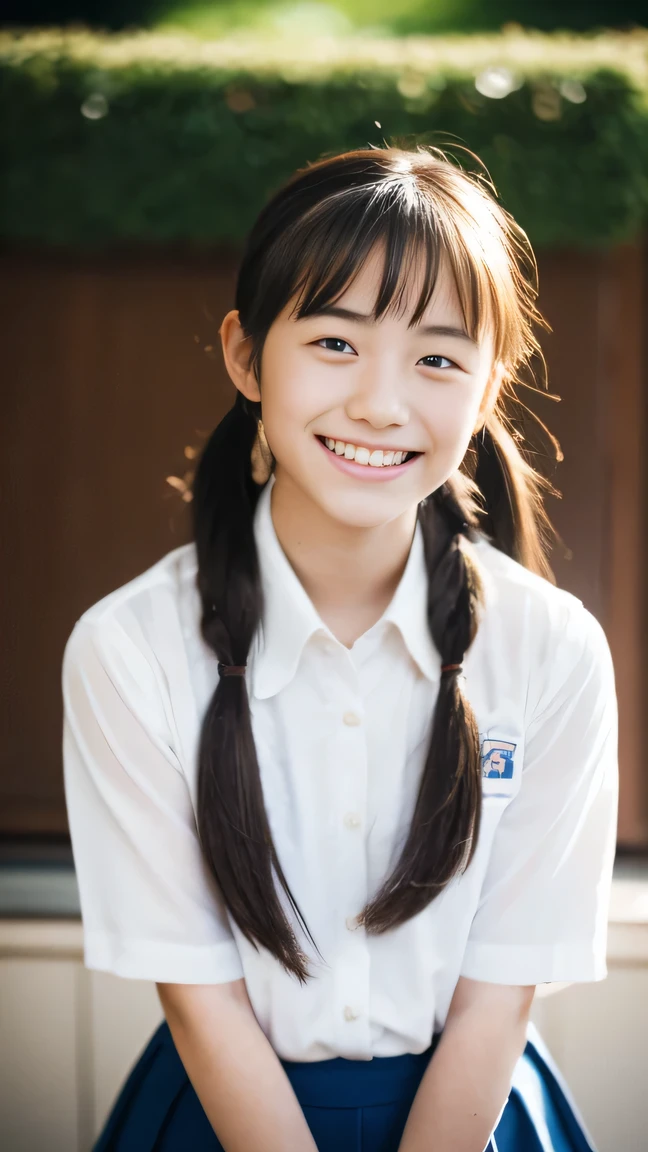 Lens 135mm f1.8, (highest quality),(RAW photo), , (Beautiful 15 year old Japanese girl), cute face, (deeply carved face:0.7), (freckles:0.6), dappled sunlight, dramatic lighting, (japanese school uniform), (inside the school), shy, twintails, (cowboy shots of:1.2), (embarrassed smile),, (sparkling eyes)、, (Arms at sides),