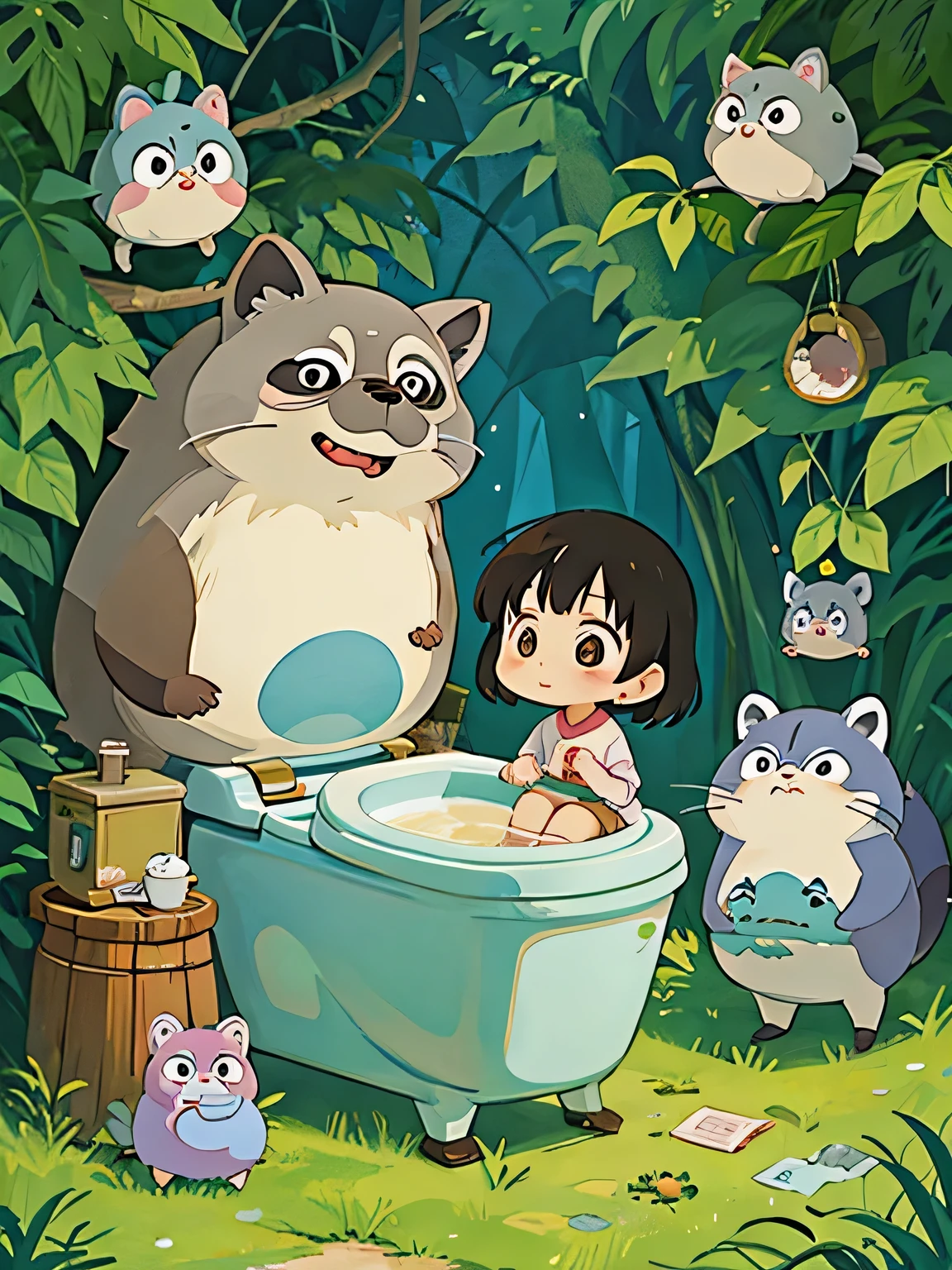 hayao miyazaki style, Kawaii Design, The most beautiful girl of all time、Chibi, Totoro、Toilet together、Lots of cute raccoons、