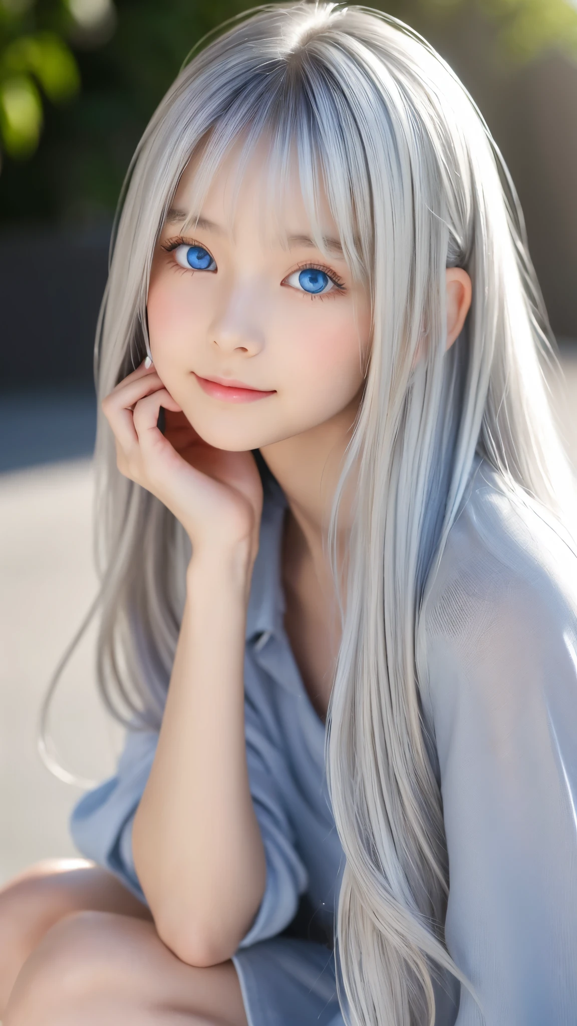 Shining, clear, white skin、Her windblown silver hair hides her beautiful face.、huge、28 years old cute sexy little beautiful face、Beautiful straight hair that stands out、growing up, Sparkling light blue eyes、long silky bangs that cover cute eyes, Sexy and cute young woman with super long hair hiding her sexy face、Shining silver hair