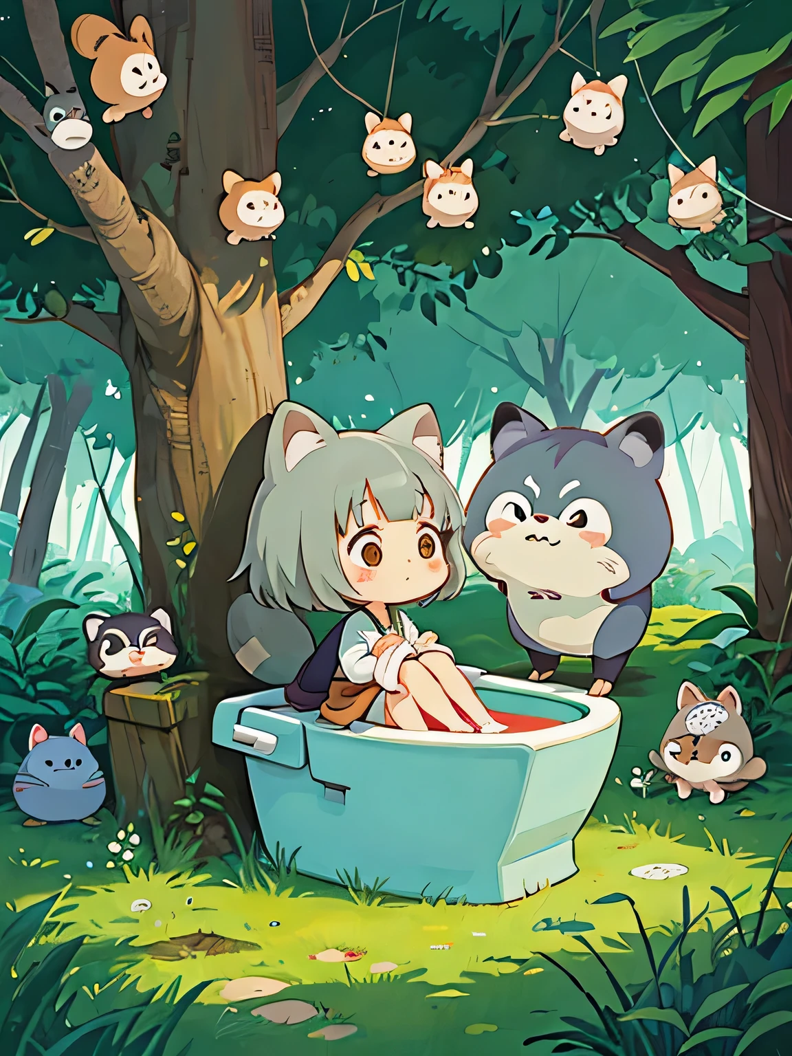 hayao miyazaki style, Kawaii Design, The most beautiful girl of all time、Chibi, Totoro、Toilet together、Lots of cute raccoons、