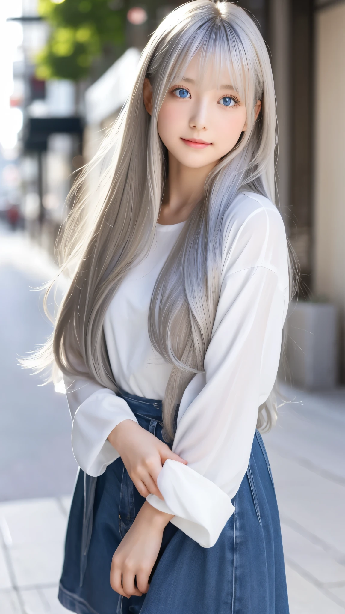 Shining, clear, white skin、Her windblown silver hair hides her beautiful face.、huge、28 years old cute sexy little beautiful face、Beautiful straight hair that stands out、growing up, Sparkling light blue eyes、long silky bangs that cover cute eyes, Sexy and cute young woman with super long hair hiding her sexy face、Shining silver hair