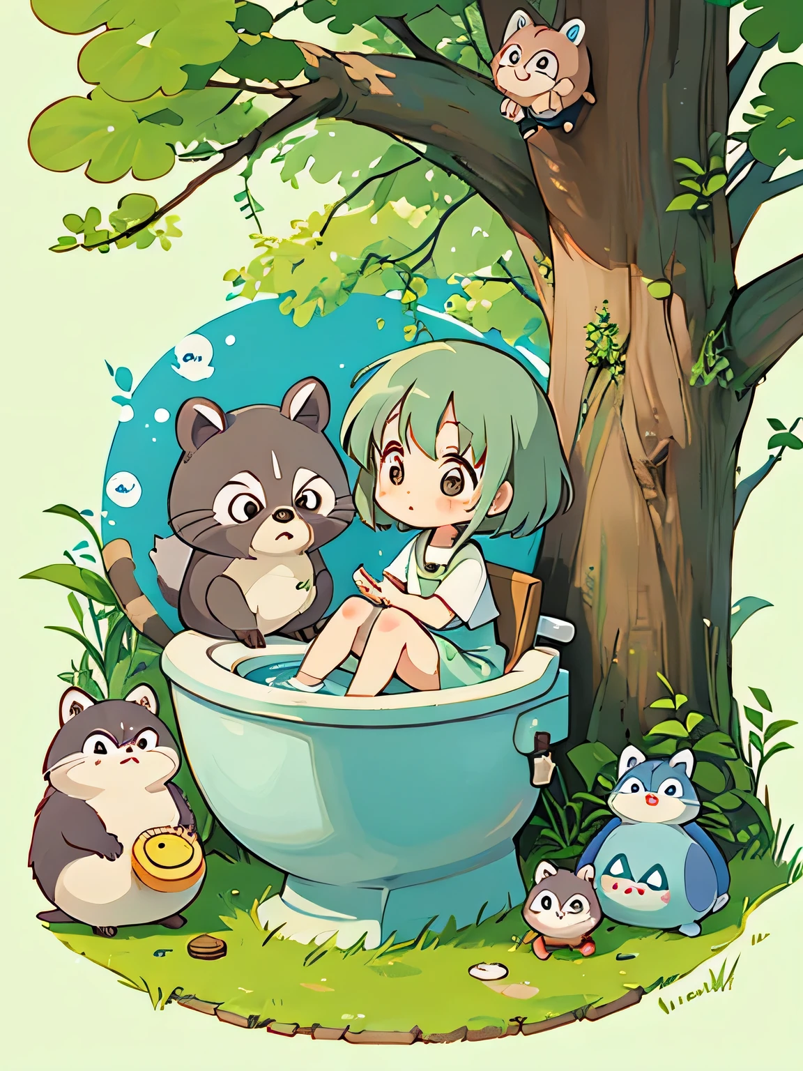 hayao miyazaki style, Kawaii Design, The most beautiful girl of all time、Chibi, Totoro、Toilet together、Lots of cute raccoons、