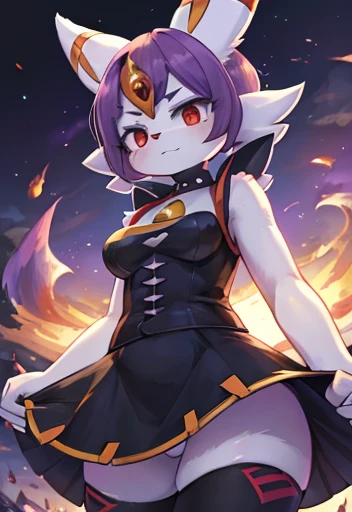 ((pokémon Cinderace female goth )) ,Purple hair , wearing skirt , ((white Purple yellow Colors  only)) ,((Best quality ,artwork ))