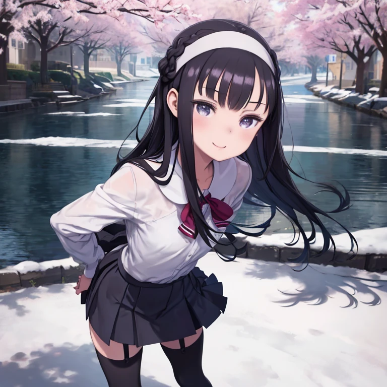 Eilor Suit, One Woman, (Beautiful woman, Delicate schoolgirl:1.3), 8k, highest quality, masterpiece, Very detailed, Ultra-high resolution, Realistic, RAW Photos, Absolute Resolution, Black Hair, Braid, face is small compared to body, Very small face, Black Hair, navy blue sEilor Suit, Navy Blue Skirt, High school girl wearing a sEilor Suit, Anime 2D Rendering, Realistic若いアニメの女子高生, , ((White headband)), Top-down position, Small breasts, expensive, Slanted Eyes, Purple eyes, Black Stockings, garter belt, smile, Under the cherry tree, (Take a photo with your smartphone:1.3),