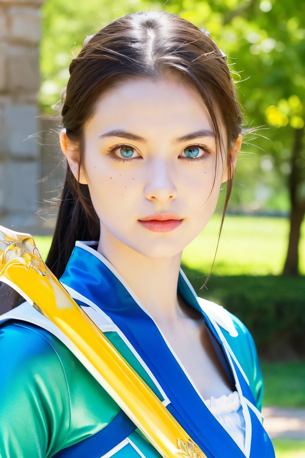 ((best quality)), ((masterpiece)), (detailed), perfect face
A sexy woman is standing prepare for fight in a castle, she is wearing blue white clothing with blue eyes and she was holding a green and yellow sword. The scene appears to be in brightly of sun, with the individual being the main focus of the image.
