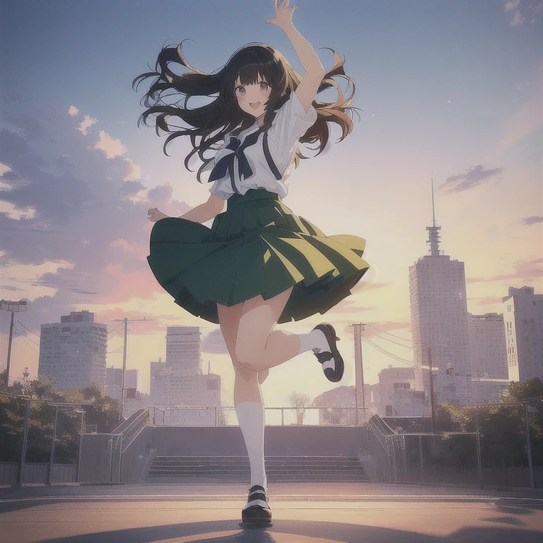 anime girl in a skirt and a white shirt is jumping, anime moe artstyle, jump pose, marin kitagawa fanart, anime pose, fubuki, full body!! dynamic pose, ikki tousen, tatsumaki, various pose, pose(arms up + happy), hinata hyuga, by Jin Homura, !!full body portrait!!,Green skirt,Black Hair,Masterpiece,high quality