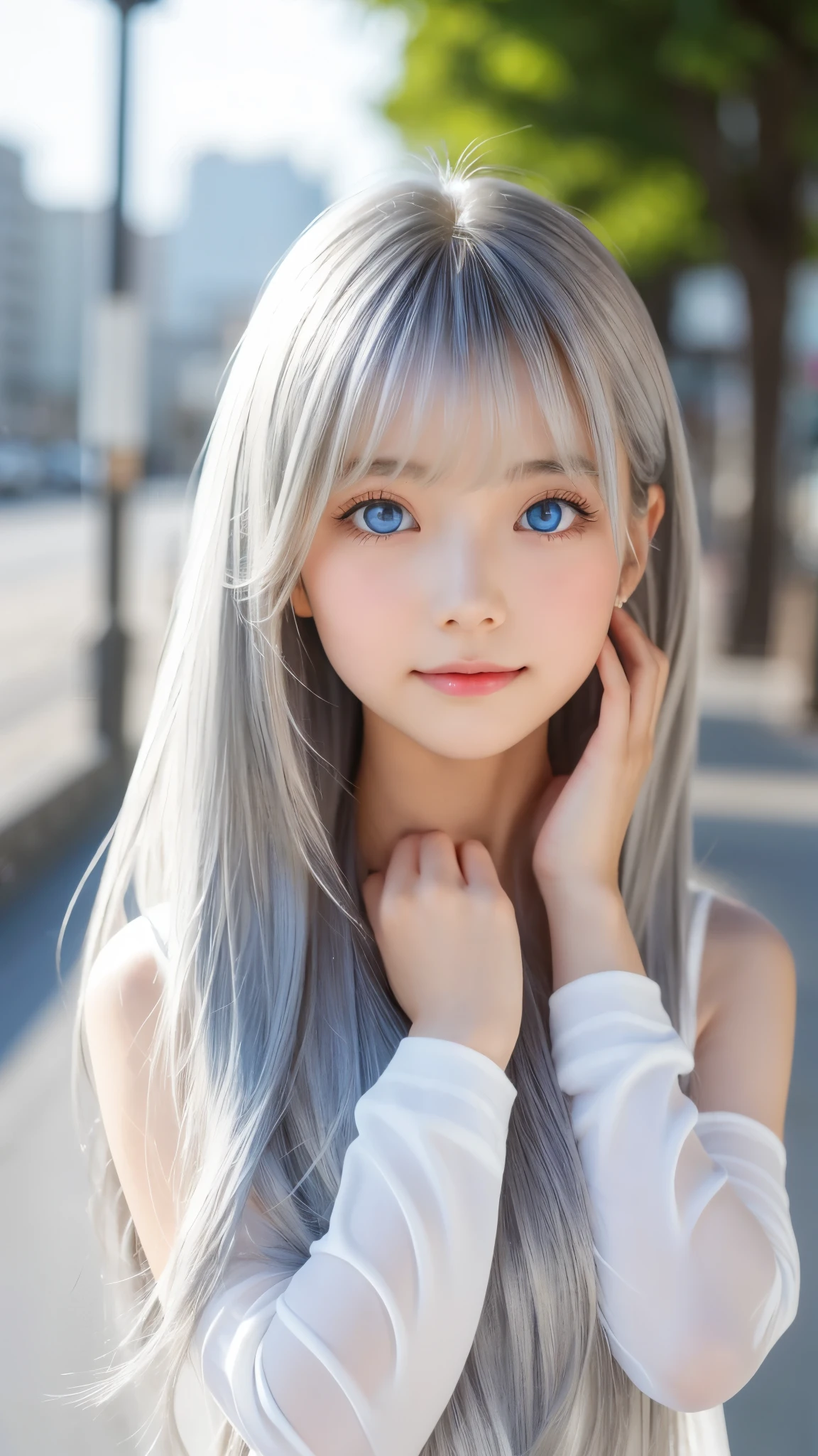 Shining, clear, white skin、Her windblown silver hair hides her beautiful face.、huge、28 years old cute sexy little beautiful face、Beautiful straight hair that stands out、growing up, Sparkling light blue eyes、long silky bangs that cover cute eyes, Sexy and cute young woman with super long hair hiding her sexy face、Shining silver hair