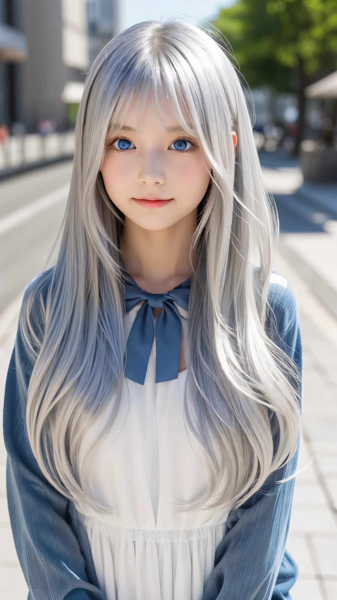 Shining, clear, white skin、Her windblown silver hair hides her beautiful face.、huge、28 years old cute sexy little beautiful face、Beautiful straight hair that stands out、growing up, Sparkling light blue eyes、long silky bangs that cover cute eyes, Sexy and cute young woman with super long hair hiding her sexy face、Shining silver hair