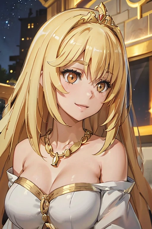 masterpiece、top-quality、(Blonde colored long hair、I have bangs:1.1)、(25 year old woman)、 (gold eyes:1.5)、(Big round eyes:1.5)(wearing a gold off-shoulder dress:1.2)、(Emphasis on the chest:1.1)、(modest smile expression:1.3)、(Staring:1.5)、(Close-up of the subject's face:1.3)、standing、five perfect and beautiful fingers、place the camera over the subject、The background is the party venue、Bold composition、Upper body is shown、Alone、Gold bracelet、Gold necklace with blue gemstone、Gold Tiara、Open your mouth、(Curly Hair)、(Large Breasts:1.0)、Gold Collar、midnight、Starry Sky、Palace balcony、(Glowing Skin:1.2)