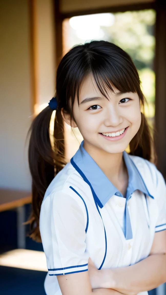 Lens 135mm f1.8, (highest quality),(RAW photo), , (Beautiful 15 year old Japanese girl), cute face, (deeply carved face:0.7), (freckles:0.6), dappled sunlight, dramatic lighting, (japanese school uniform), (inside the school at classroom), shy, twintails, (cowboy shots of:1.2), (embarrassed smile),, (sparkling eyes)、, (Arms at sides),