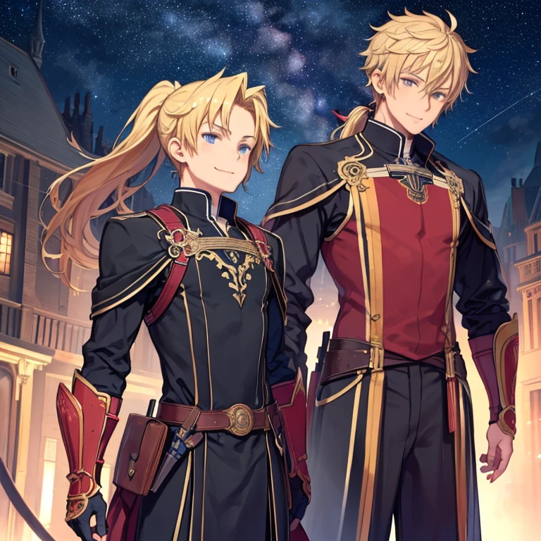 ((masterpiece,highest quality,highest quality,figure,Intricate details)),One boy,smile, armor,Blonde,ponytail, night,Starry Sky, Depth of written boundary, Outdoor,