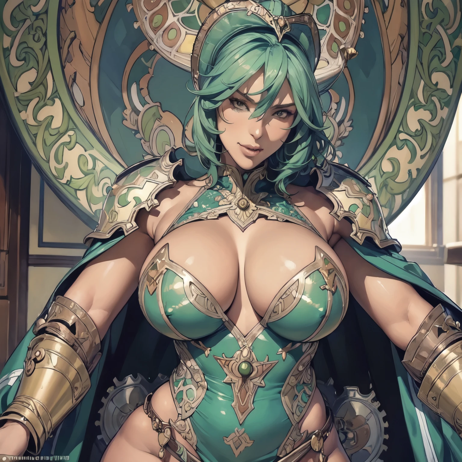 ((Detailed face)),((Mucha's style)),(vulgar),(portrait),((African woman)),Tits that are too big,green hair,forehead,((addiction to sex))((sexy Heavily armoured warrior)),Erect , (cowboy shot:1.6)

