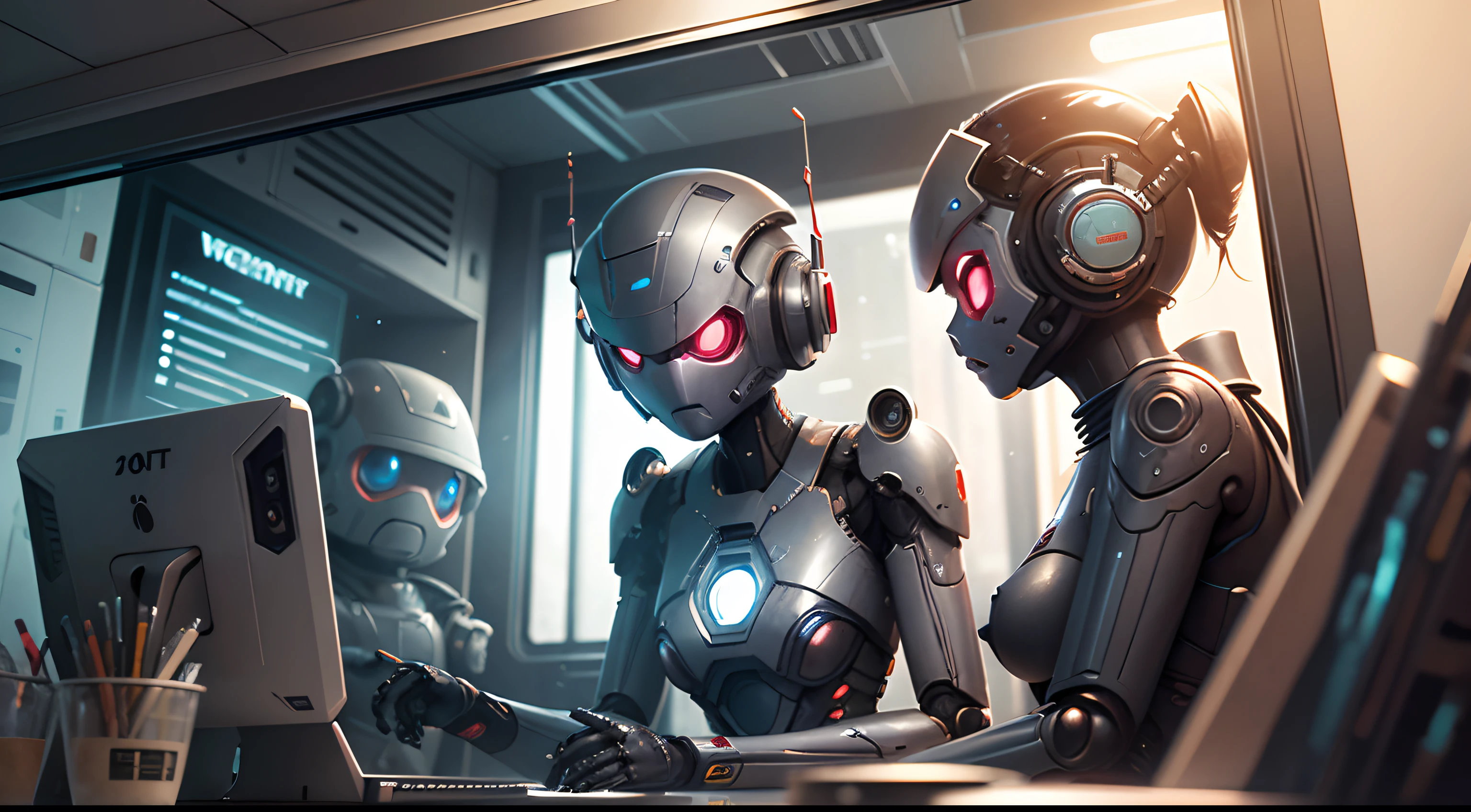 science fiction illustration，CG，Look through the glass at the busy robot at the workstation，3Drendering