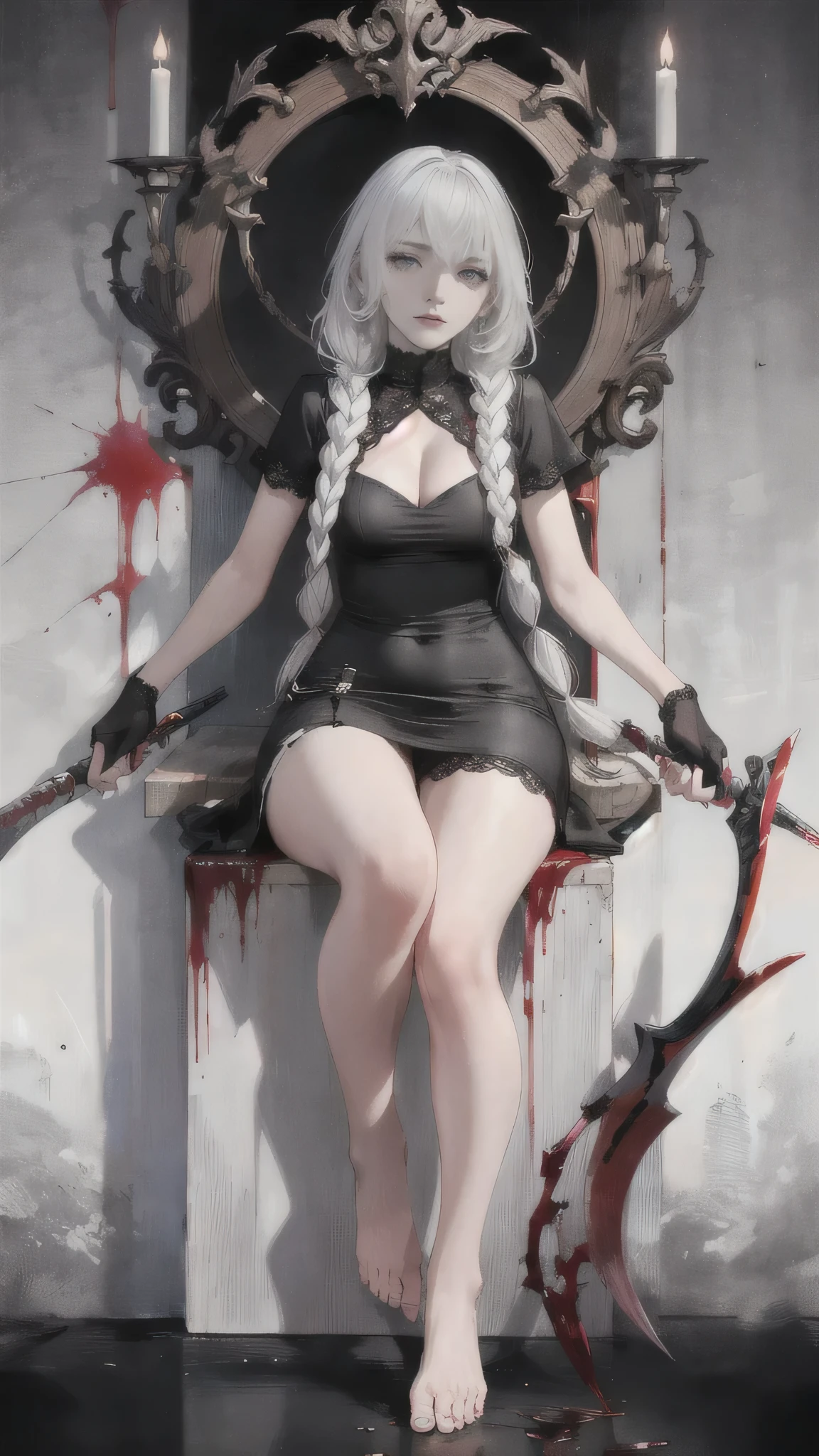 (best quality,highres,ultra-detailed:1.2),a woman with a blood-stained scythe, disheveled hairstyle, long braids, a woman with dyed white hair, 28 years old, wearing a black short-sleeved dress, lace at the hem., alluring atmosphere, charming, beautiful, blood pool at her feet, ((There was blood on my face.:0.8))