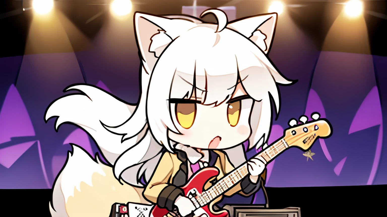 (Best image quality),(masterpiece),(Very detailed), A dynamic stage, Punk Rock Band, Very tense and dramatic photo, Moving visual effects, Colorful and dazzling lighting. ((girls punk band,)) (Leather jacket), (Fox singing into a stand microphone with an electric guitar 1.5), (White skin:1.3), Hairy tail，(White fur:1.3),((Golden Eyes)) ,(Long drooping ears), (Fox playing drums 1.5), (White skin:1.3), Hairy tail，(White fur:1.3),((Golden Eyes)) ,(Long drooping ears))、(Fox playing bass 1.5), (White skin:1.3), Hairy tail，(White fur:1.3),((Golden Eyes)) ,(Long drooping ears))、(((kawaii chibi character)))