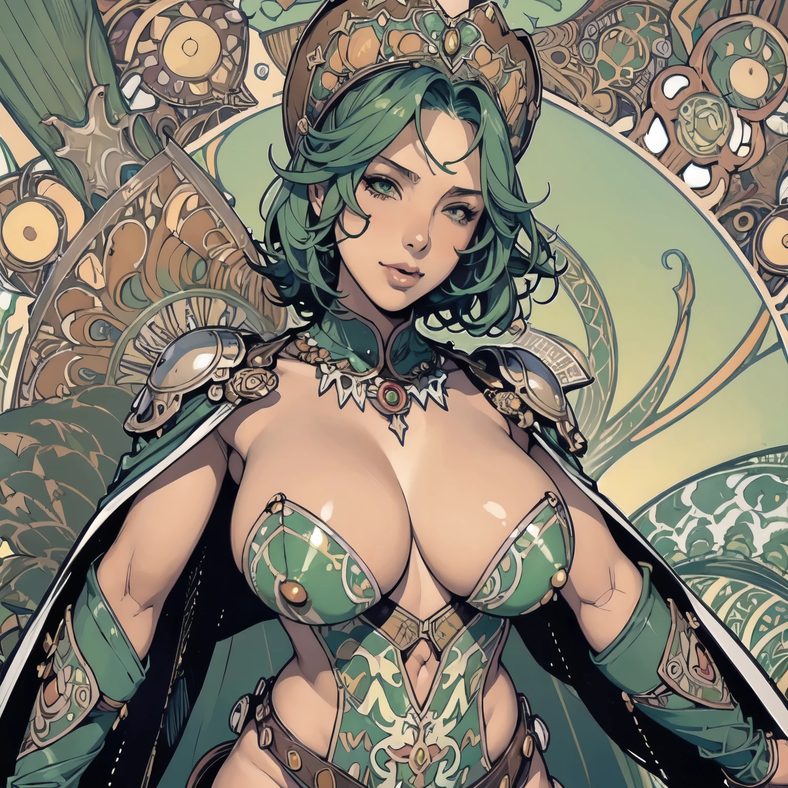 ((Detailed face)),((Mucha's style)),(vulgar),(portrait),((African woman)), that are too big,green hair,forehead,((addiction to sex)Heavily armoured warrior)),Erect ns,(cowt:1.6)
