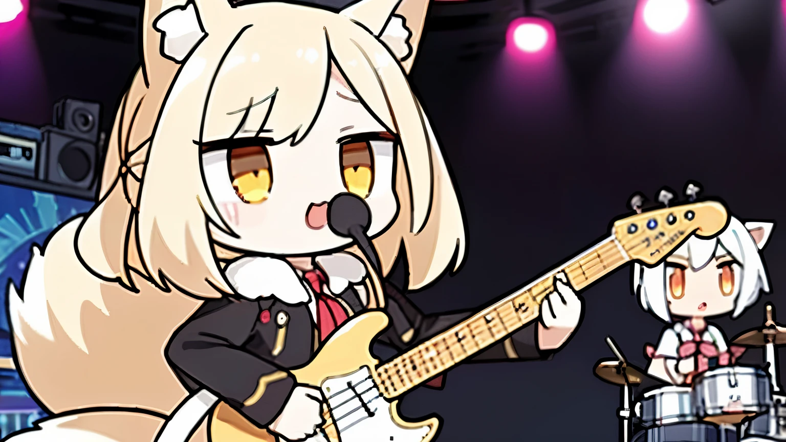 (Best image quality),(masterpiece),(Very detailed), A dynamic stage, Punk Rock Band, Very tense and dramatic photo, Moving visual effects, Colorful and dazzling lighting. ((girls punk band,)) (Leather jacket), (Fox singing into a stand microphone with an electric guitar 1.5), (White skin:1.3), Hairy tail，(White fur:1.3),((Golden Eyes)) ,(Long drooping ears), (Fox playing drums 1.5), (White skin:1.3), Hairy tail，(White fur:1.3),((Golden Eyes)) ,(Long drooping ears))、(Fox playing bass 1.5), (White skin:1.3), Hairy tail，(White fur:1.3),((Golden Eyes)) ,(Long drooping ears))、(((kawaii chibi character)))