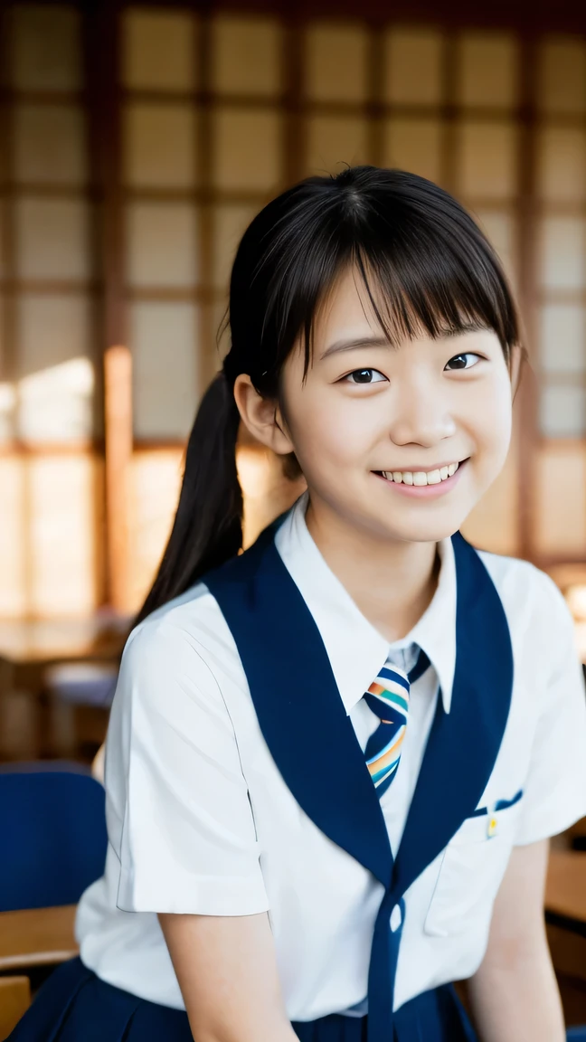 Lens 135mm f1.8, (highest quality),(RAW photo), , (Beautiful 15 year old Japanese girl), cute face, (deeply carved face:0.7), (freckles:0.6), dappled sunlight, dramatic lighting, (japanese school uniform), (inside the school in the classroom), shy, twintails, (cowboy shots of:1.2), (embarrassed smile),, (sparkling eyes)、, (Arms at sides),