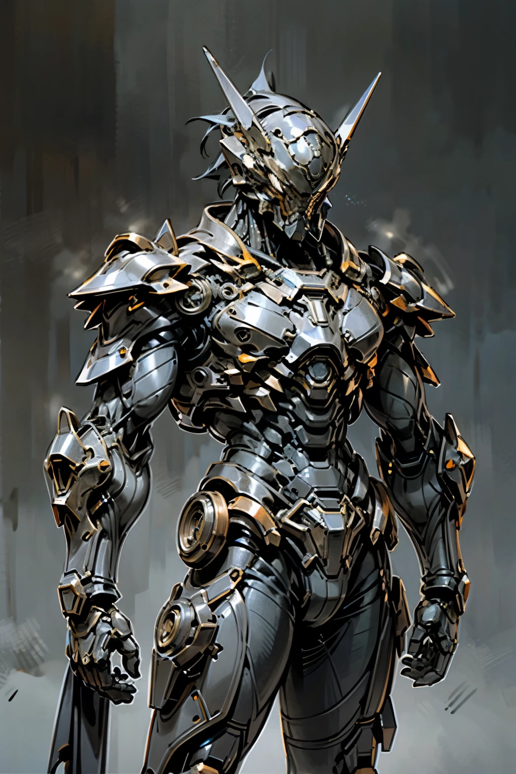 A man in armor, adorned with a proud symbol, stands against a backdrop of dark blue and orange hues in this photorealistic rendering. The style exudes a sense of patriotic marvel, reminiscent of comic book heroes. The armor's intricate details shift between dark and light grays, creating an alluring contrast that adds depth to the image. Amidst the mundane suburban landscape, this armored figure represents the captor of ennui in the ethos of rangercore.