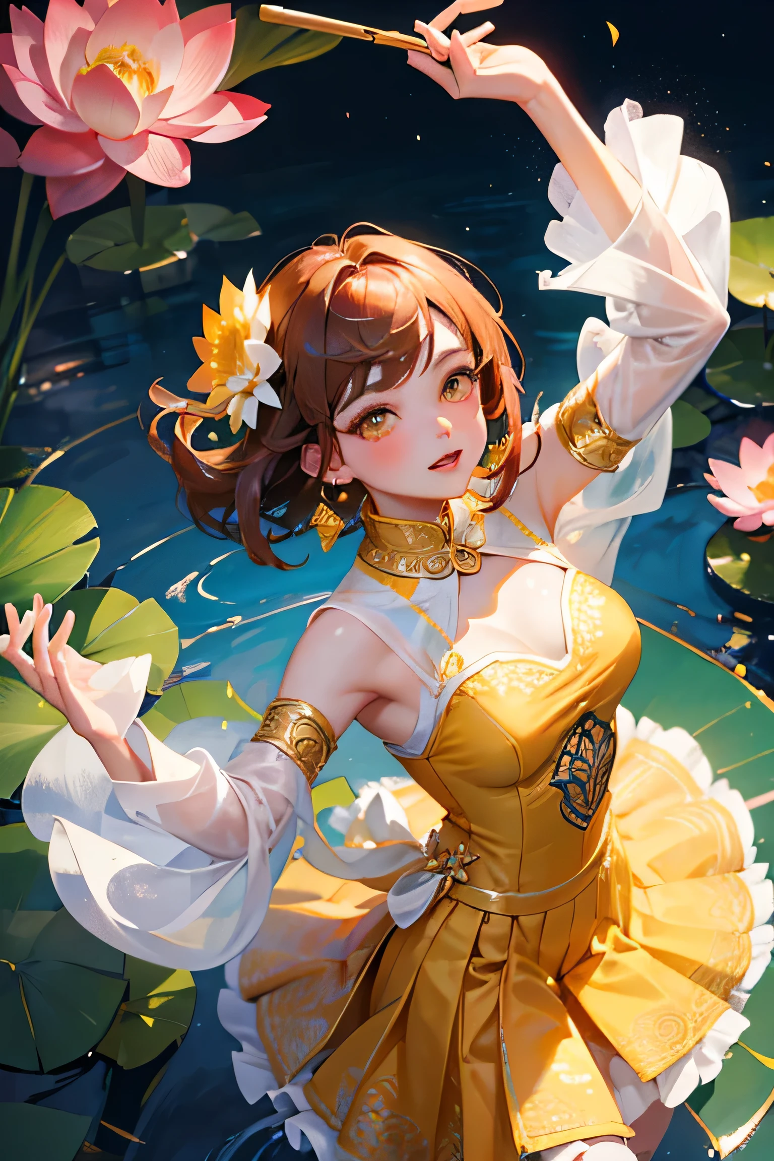 masterpiece, highest quality, so beautiful,A cool adult woman wearing a nice Bollywood outfit、Jasmine Style、Latest,  Orange and brown short hair、Yellow Eyes、Outdoor, alone, Dancing wildly,  Holding a folding fan、Holding a folding fan, hair ornaments, View from above、nice、Blooming lotus flower background、gorgeous、Party and dance wildly