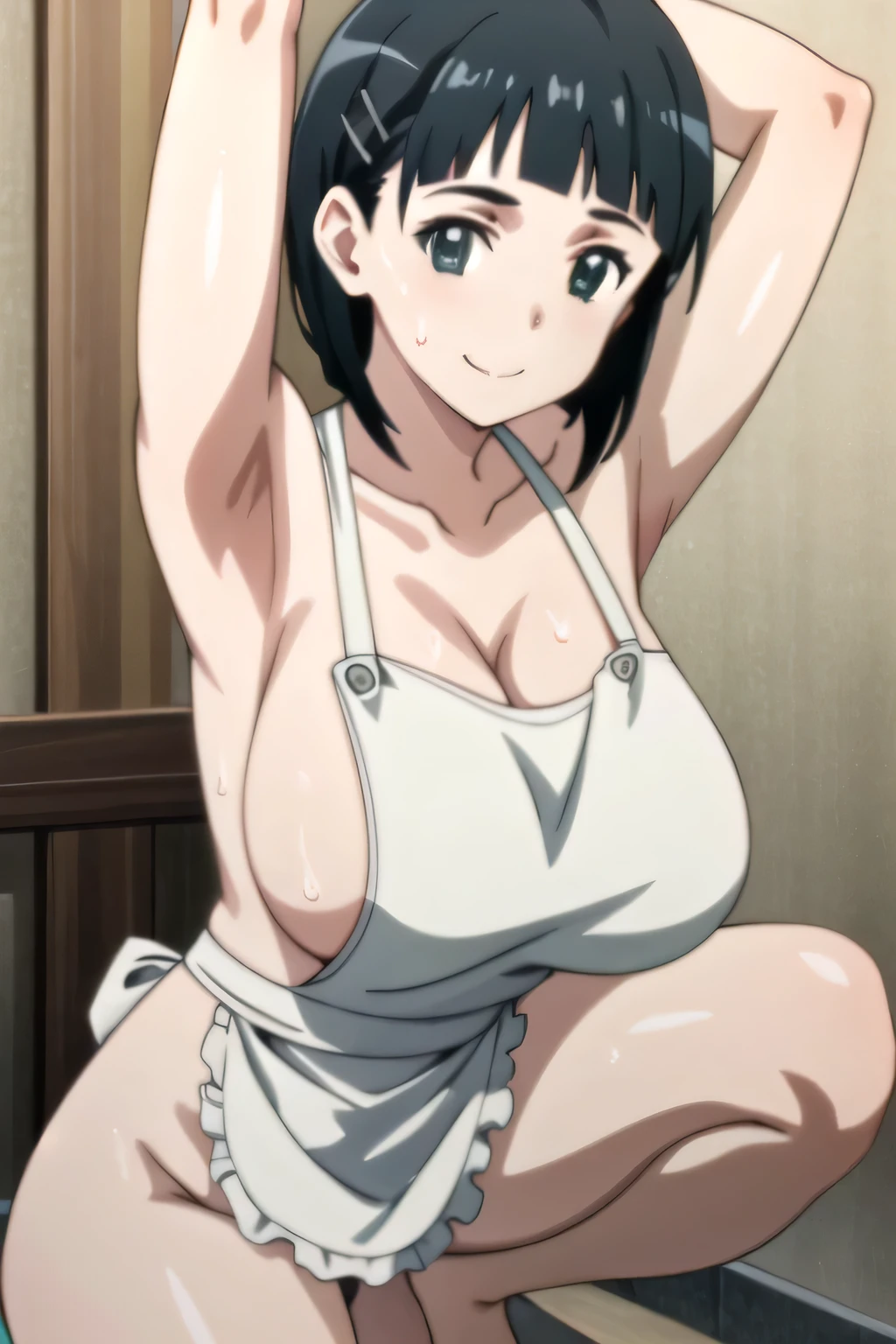 EFT_Sao_Sis, 1girl, kirigaya suguha, solo, black hair, short hair, hair ornament, smile, green eyes, hairclip, upper body, shirt, collarbone, anime coloring, sweaty, sweat, wearing naked apron, armpits, full of sweat, big breast, wet clothes, squats, full body