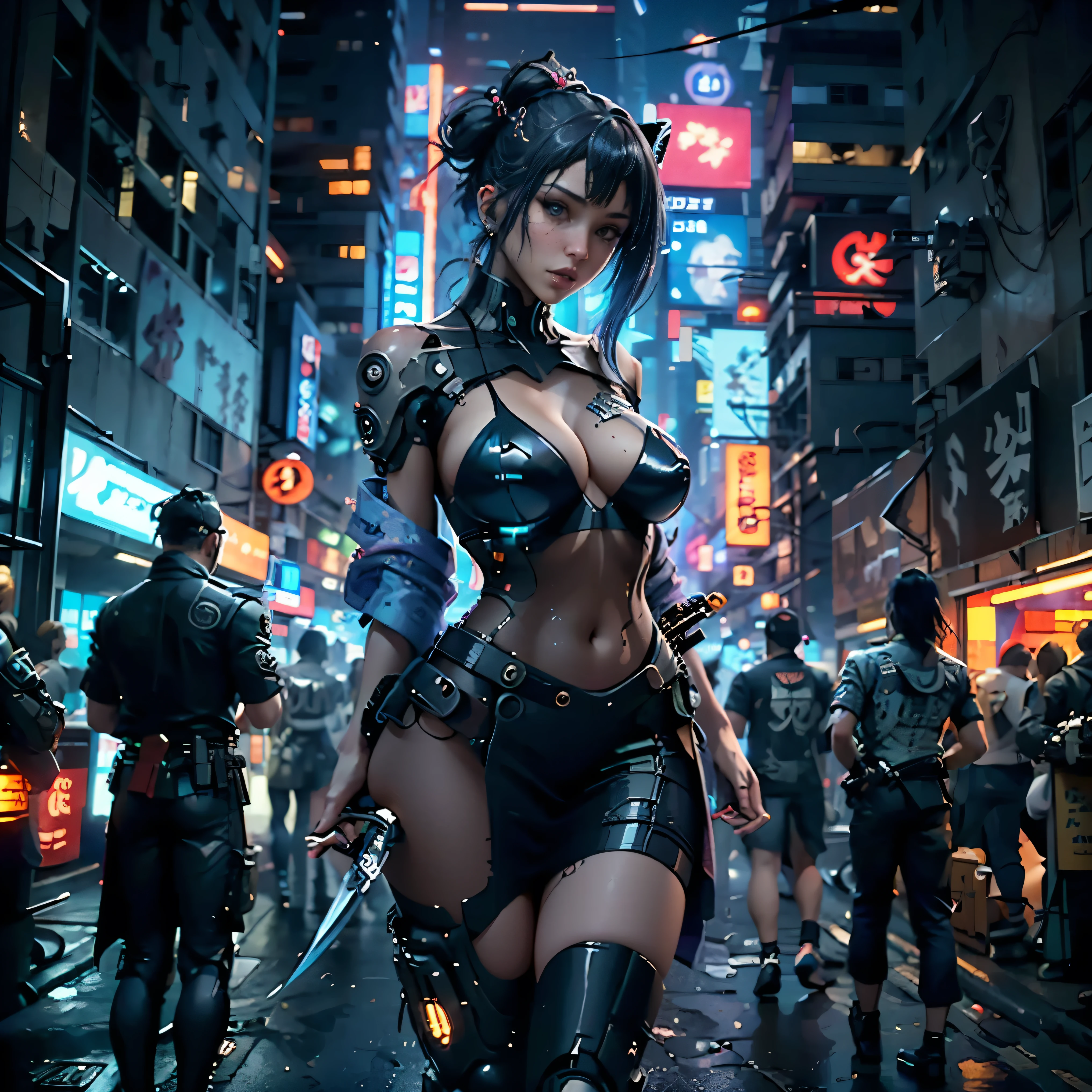 highest quality、Super fine、Realistic、A young and very beautiful woman、Beautiful detailed eyes、Beautiful detailed lips、cyberpunk、huge breasts、(Holographic kimono:1.4)、((Mecha、Armament、knife、Cyberpunk city girl:1.37))、neon、Street graffiti、Night view、Mysterious atmosphere、High-tech gadgets、Vibrant colors、 Glowing Effects、Urban decline、skyscraper、Bustling Crowd、Urban fashion、Sleek and futuristic design、Technological advances、Edgy hairstyles、Dark Alley、Electronic Music、Energy Beam、A strong and confident posture、Cool and confident look、Detailed Mecha Armor、Cowboy Shot、Samurai girl
