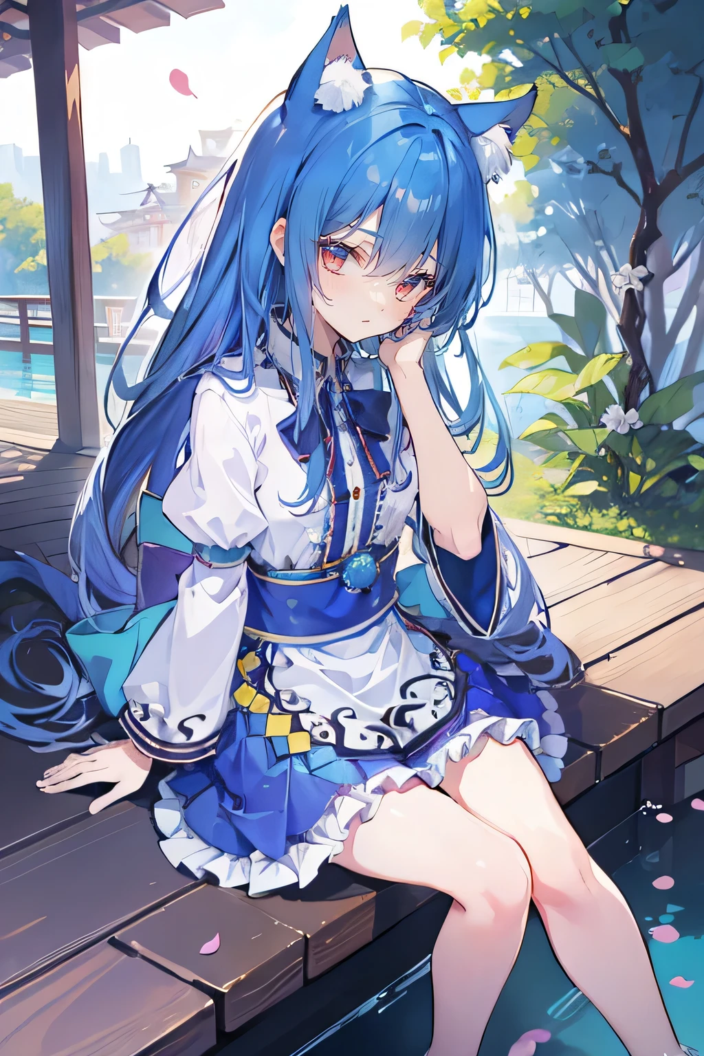 (masterpiece:1.2),ultra-detailed,realistic,expressive eyes,fair-skinned,perfectly shaped face,1girl,
Japanese cartoons,Gorgeous blue hair, flowing blue hair,floating clothes,cat ears,petals falling,beautiful Lola,Hina Angel,
hands on waist,gracefully sitting on the ground,legs crossed,gentle and serene background,cool and comfortable pavilion,smile.