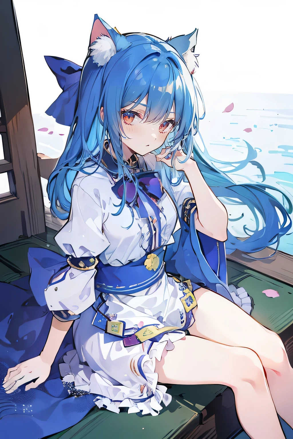 (masterpiece:1.2),ultra-detailed,realistic,expressive eyes,fair-skinned,perfectly shaped face,1girl,
Japanese cartoons,Gorgeous blue hair, flowing blue hair,floating clothes,cat ears,petals falling,beautiful Lola,Hina Angel,
hands on waist,gracefully sitting on the ground,legs crossed,gentle and serene background,cool and comfortable pavilion,smile.